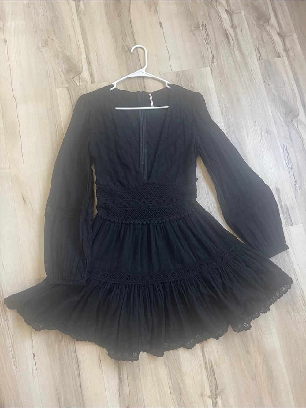 Free People Black Long-Sleeve Lace Tiered Mini Dress